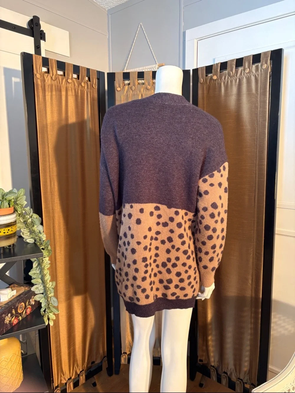 Colorblock & Leopard Print Open Cardigan Sweater - Tan, Sage & Navy - Picture 3 of 4